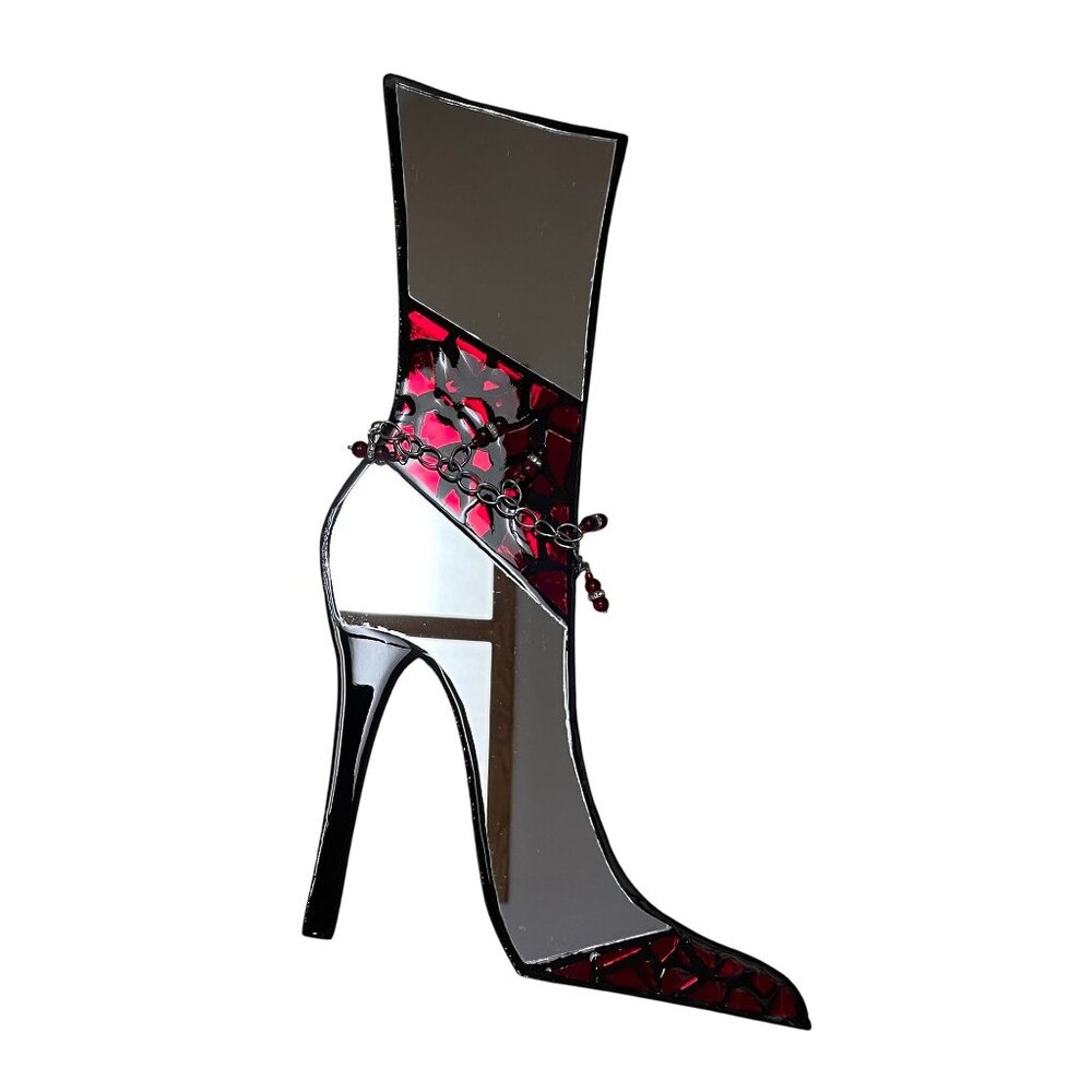 High Heel BootShaped Decorative Wall Mirror With Red Mosaic 18" x 5" Chain Detai